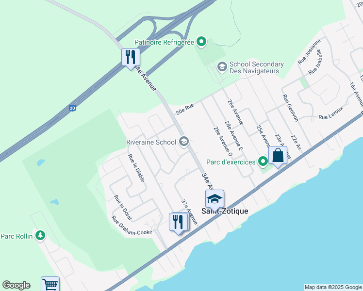 map of restaurants, bars, coffee shops, grocery stores, and more near 425 34e Avenue in Saint-Zotique
