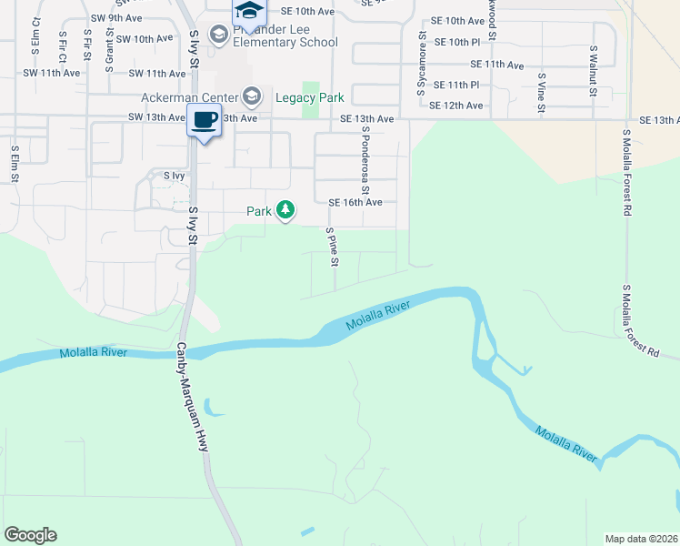 map of restaurants, bars, coffee shops, grocery stores, and more near 1842 South Pine Street in Canby