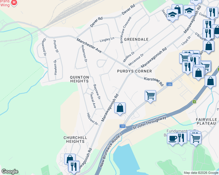 map of restaurants, bars, coffee shops, grocery stores, and more near 27 Caitlin Court in Saint John