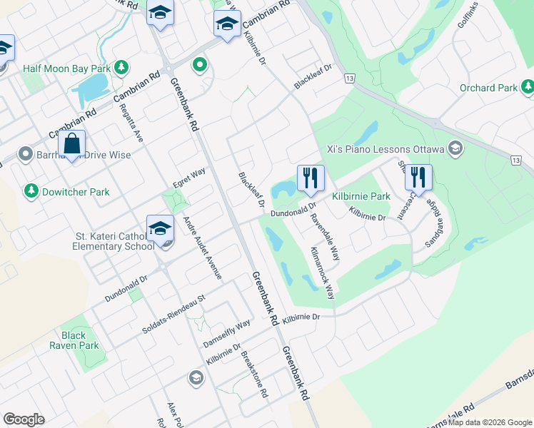 map of restaurants, bars, coffee shops, grocery stores, and more near 494 Dundonald Drive in Ottawa