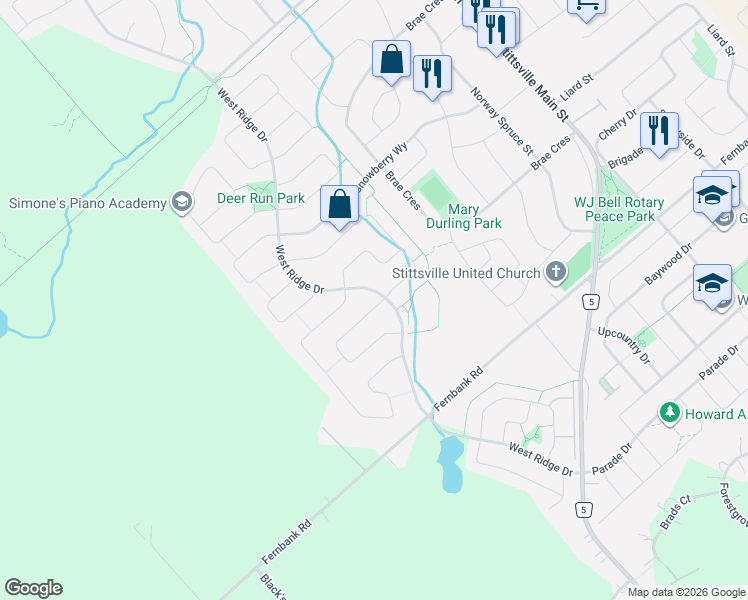 map of restaurants, bars, coffee shops, grocery stores, and more near 356 West Ridge Drive in Ottawa