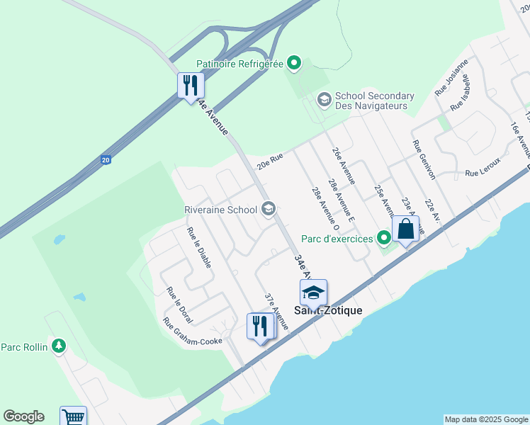 map of restaurants, bars, coffee shops, grocery stores, and more near 425 34e Avenue in Saint-Zotique