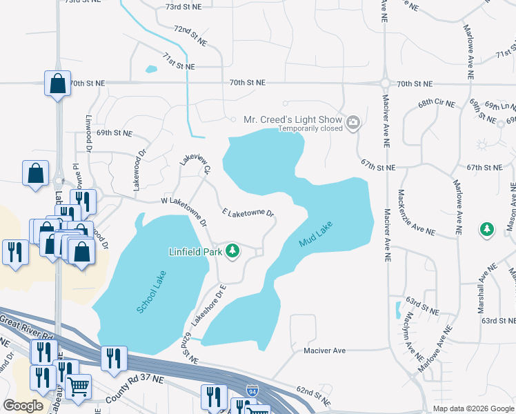 map of restaurants, bars, coffee shops, grocery stores, and more near 11692 East Laketowne Drive in Albertville