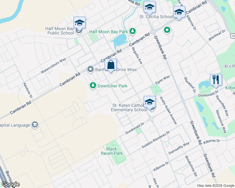 map of restaurants, bars, coffee shops, grocery stores, and more near 2850 Grand Canal Street in Ottawa