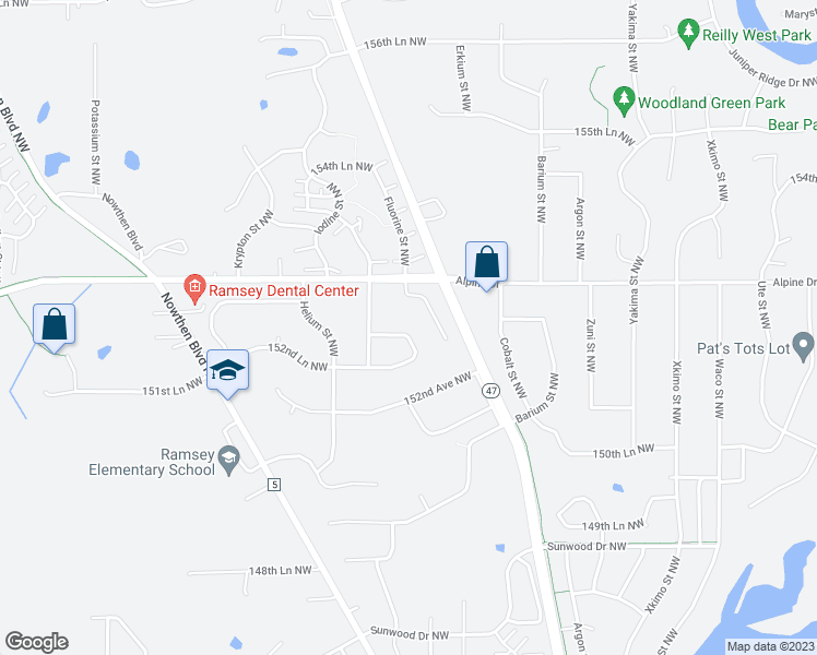 map of restaurants, bars, coffee shops, grocery stores, and more near 15243 Germanium Street Northwest in Ramsey