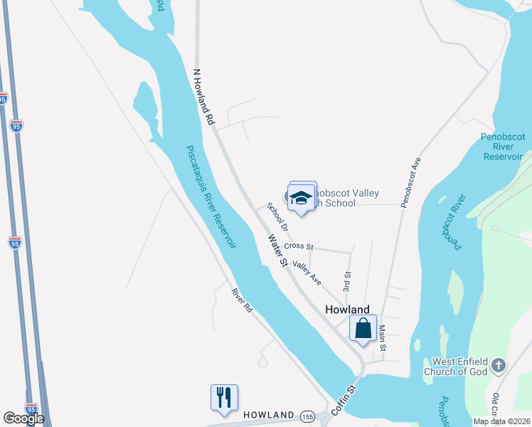 map of restaurants, bars, coffee shops, grocery stores, and more near 57 Water Street in Howland