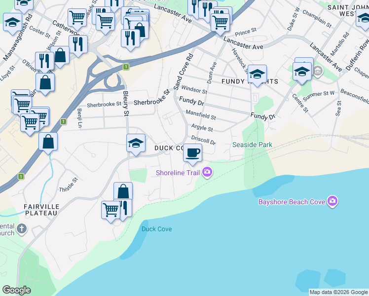 map of restaurants, bars, coffee shops, grocery stores, and more near 757 Sand Cove Road in Saint John