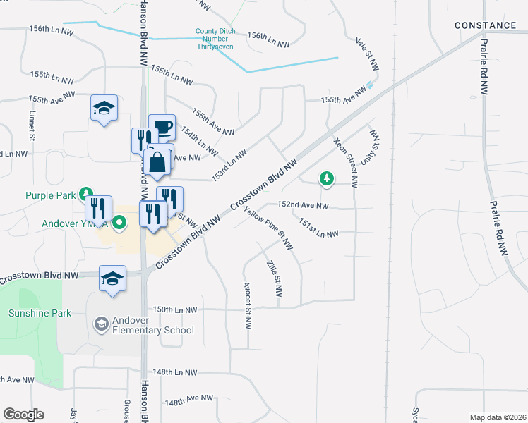 map of restaurants, bars, coffee shops, grocery stores, and more near 1303 152nd Avenue Northwest in Andover