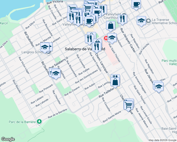 map of restaurants, bars, coffee shops, grocery stores, and more near 97 Rue Vallée in Salaberry-de-Valleyfield
