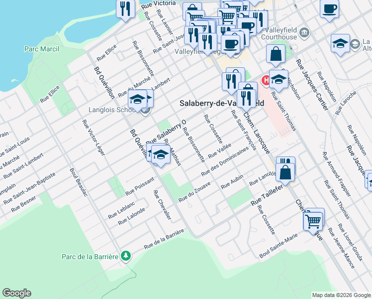 map of restaurants, bars, coffee shops, grocery stores, and more near 153 Rue Édouard in Salaberry-de-Valleyfield