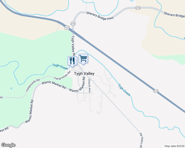 map of restaurants, bars, coffee shops, grocery stores, and more near 57715 Church Avenue in Tygh Valley