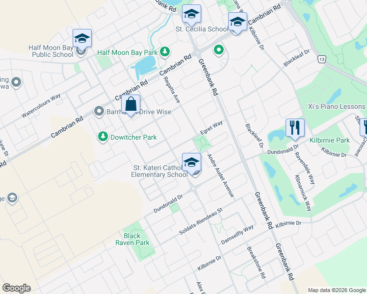 map of restaurants, bars, coffee shops, grocery stores, and more near 571 Egret Way in Ottawa