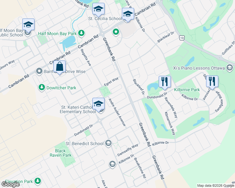 map of restaurants, bars, coffee shops, grocery stores, and more near 461 Meadowhawk Crescent in Ottawa
