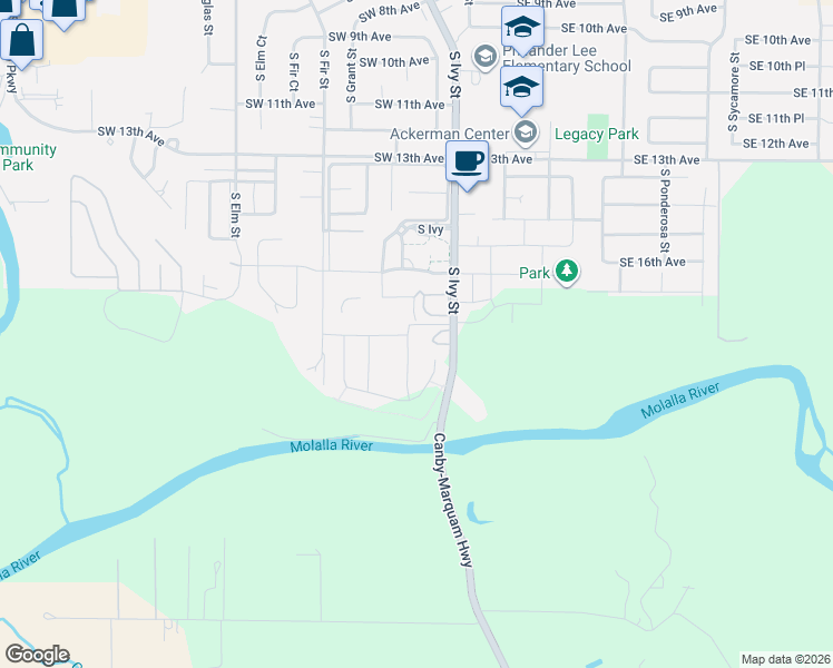 map of restaurants, bars, coffee shops, grocery stores, and more near 1894 South Holly Street in Canby