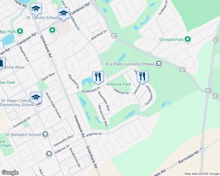 map of restaurants, bars, coffee shops, grocery stores, and more near 644 Kilbirnie Drive in Ottawa