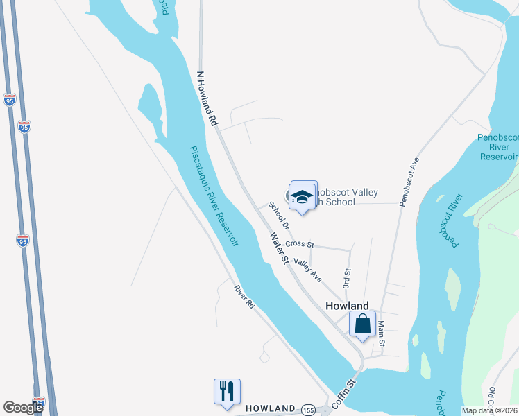 map of restaurants, bars, coffee shops, grocery stores, and more near 57 Water Street in Howland