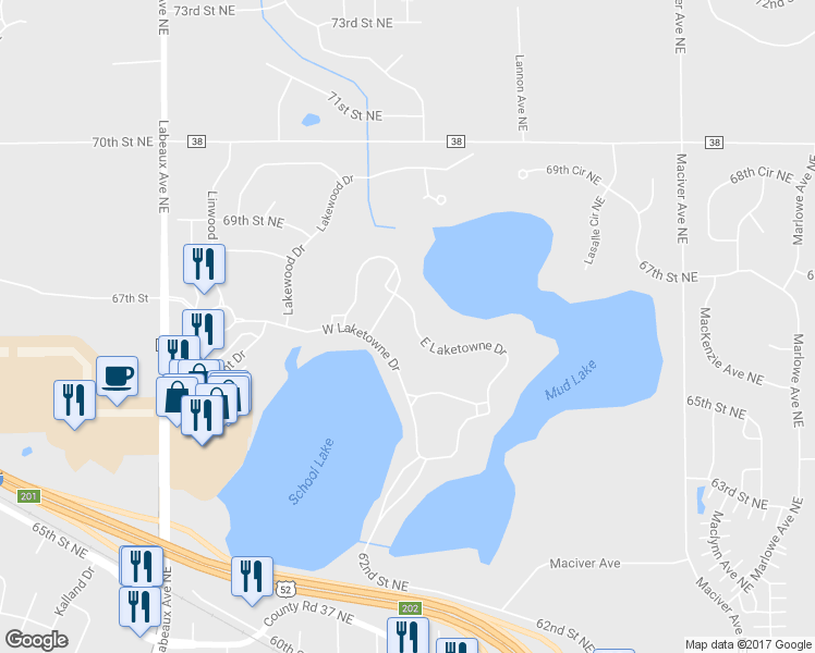 map of restaurants, bars, coffee shops, grocery stores, and more near 11599 East Laketowne Drive in Albertville