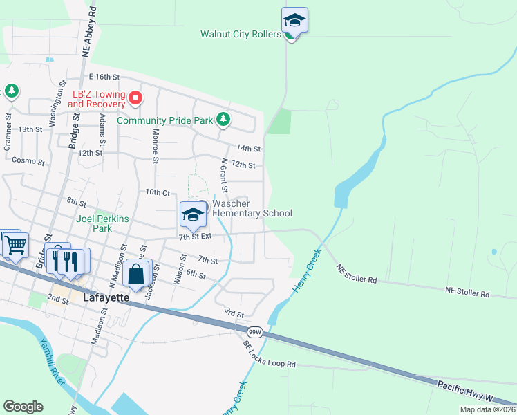 map of restaurants, bars, coffee shops, grocery stores, and more near 827 Northeast Duniway Road in Lafayette
