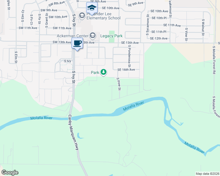 map of restaurants, bars, coffee shops, grocery stores, and more near 1821 South Pepperwood Street in Canby