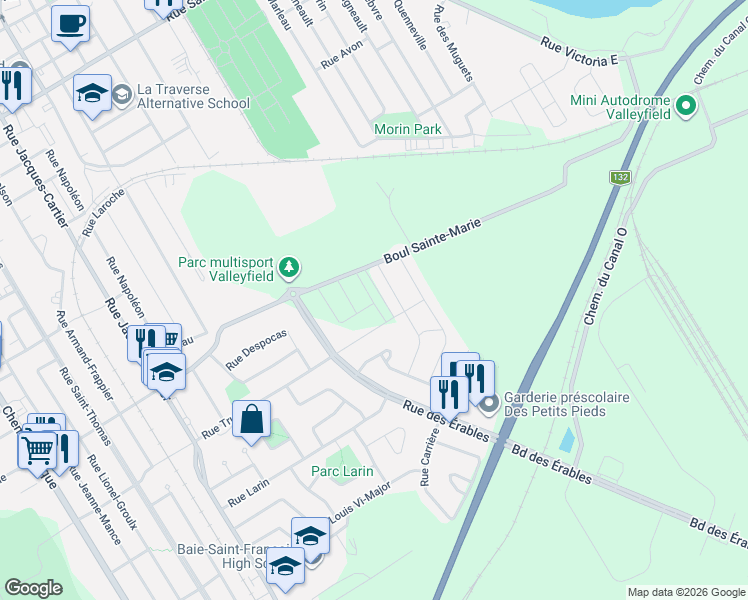 map of restaurants, bars, coffee shops, grocery stores, and more near 90 Rue des Ormes in Salaberry-de-Valleyfield