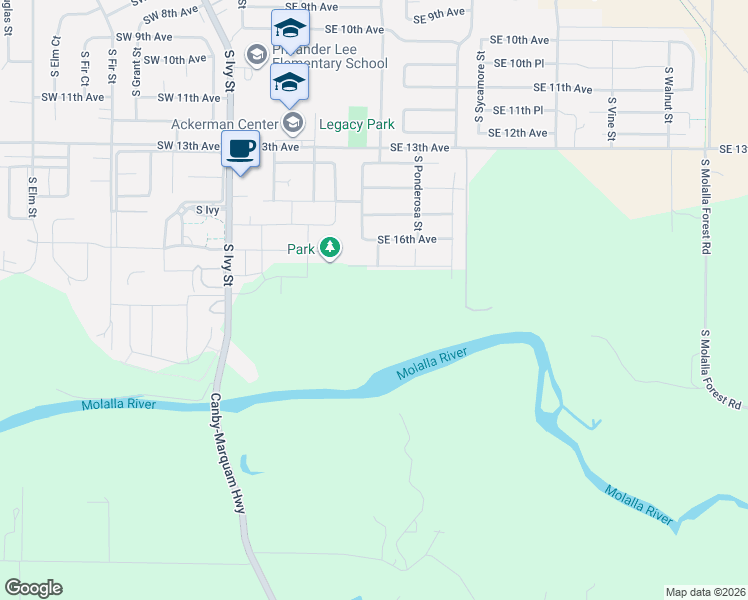 map of restaurants, bars, coffee shops, grocery stores, and more near 1175 Southeast 18th Avenue in Canby