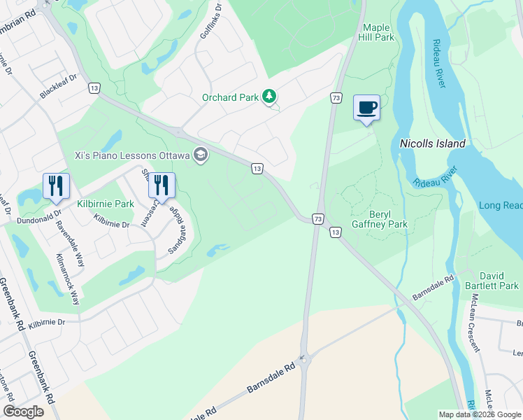 map of restaurants, bars, coffee shops, grocery stores, and more near 608 Fenwick Way in Ottawa