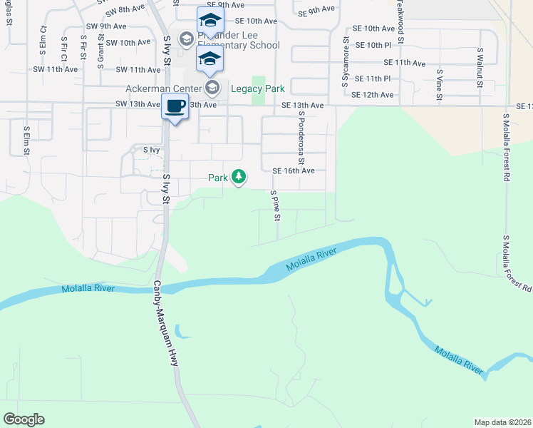 map of restaurants, bars, coffee shops, grocery stores, and more near 1165 Southeast 18th Avenue in Canby