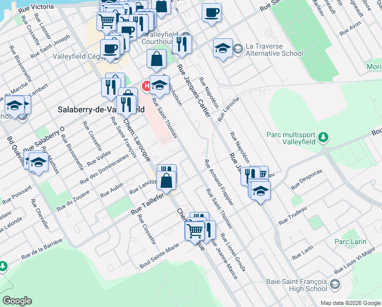 map of restaurants, bars, coffee shops, grocery stores, and more near 269 Rue Saint-Thomas in Salaberry-de-Valleyfield