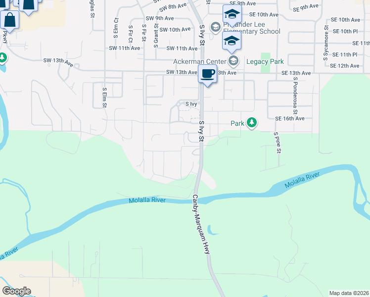 map of restaurants, bars, coffee shops, grocery stores, and more near 1892 South Holly Street in Canby