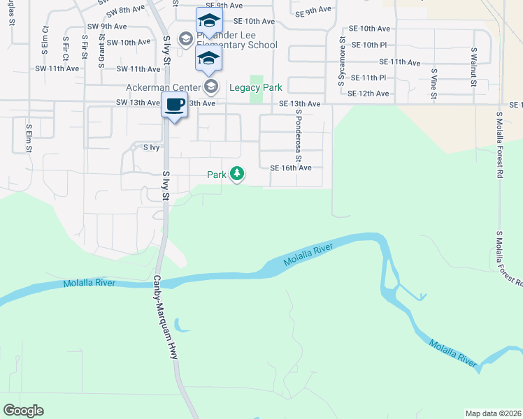 map of restaurants, bars, coffee shops, grocery stores, and more near 1157 Southeast 18th Avenue in Canby
