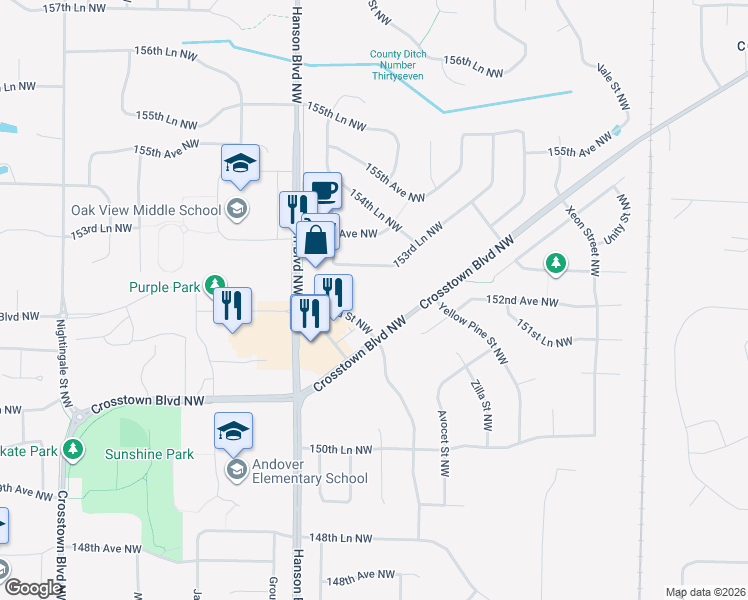 map of restaurants, bars, coffee shops, grocery stores, and more near 15219 Bluebird Street Northwest in Andover