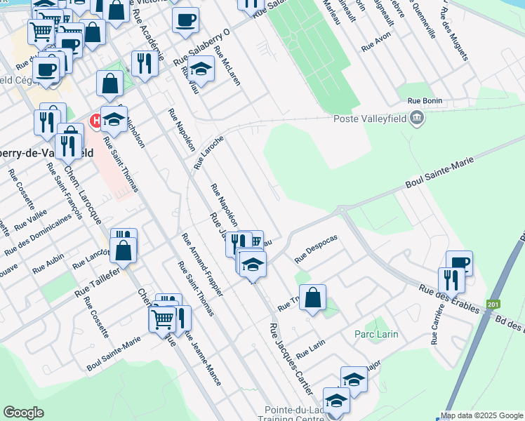 map of restaurants, bars, coffee shops, grocery stores, and more near 250 Rue Viau in Salaberry-de-Valleyfield
