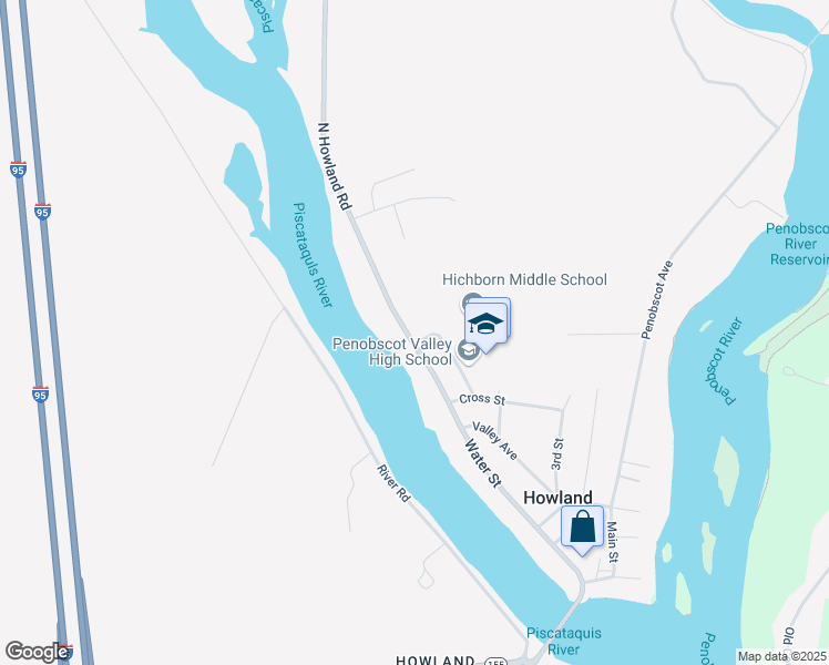 map of restaurants, bars, coffee shops, grocery stores, and more near 57 Water Street in Howland