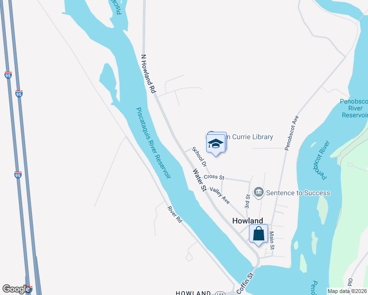 map of restaurants, bars, coffee shops, grocery stores, and more near 57 Water Street in Howland