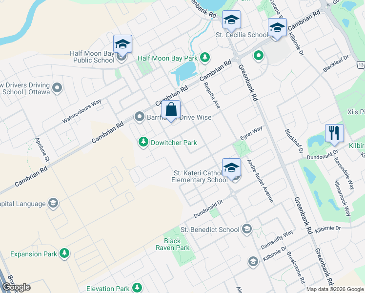 map of restaurants, bars, coffee shops, grocery stores, and more near 878 Excursion Way in Ottawa
