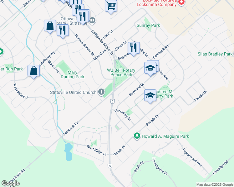 map of restaurants, bars, coffee shops, grocery stores, and more near 65 James Lewis Avenue in Ottawa
