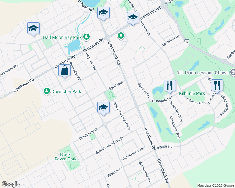 map of restaurants, bars, coffee shops, grocery stores, and more near 380 Sweet Grass Circle in Ottawa