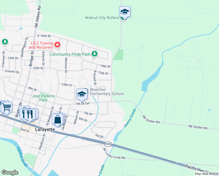map of restaurants, bars, coffee shops, grocery stores, and more near 827 Northeast Duniway Road in Lafayette