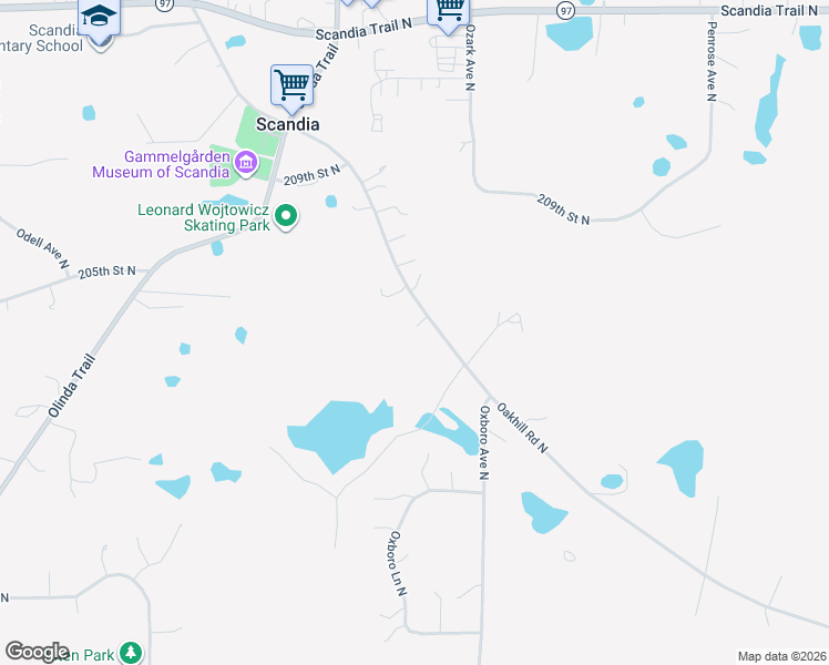 map of restaurants, bars, coffee shops, grocery stores, and more near 14925 Oakhill Road North in Scandia
