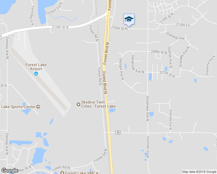 map of restaurants, bars, coffee shops, grocery stores, and more near 20335 Forest Boulevard North in Forest Lake