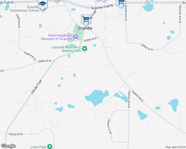 map of restaurants, bars, coffee shops, grocery stores, and more near 14925 Oakhill Road North in Scandia