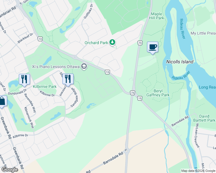 map of restaurants, bars, coffee shops, grocery stores, and more near 611 Fenwick Way in Ottawa