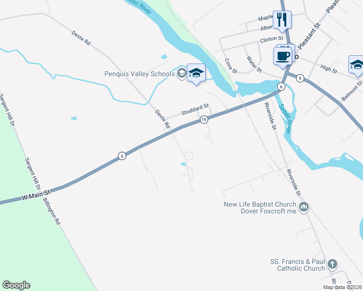 map of restaurants, bars, coffee shops, grocery stores, and more near 3 Kimball Street in Milo