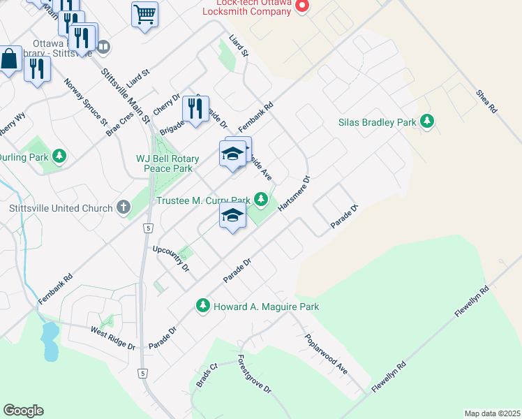 map of restaurants, bars, coffee shops, grocery stores, and more near 85 Hartsmere Drive in Ottawa