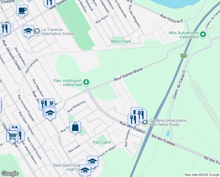 map of restaurants, bars, coffee shops, grocery stores, and more near 78 Rue des Ormes in Salaberry-de-Valleyfield