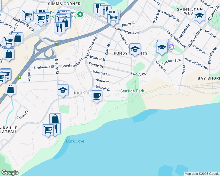 map of restaurants, bars, coffee shops, grocery stores, and more near 437 Driscoll Drive in Saint John