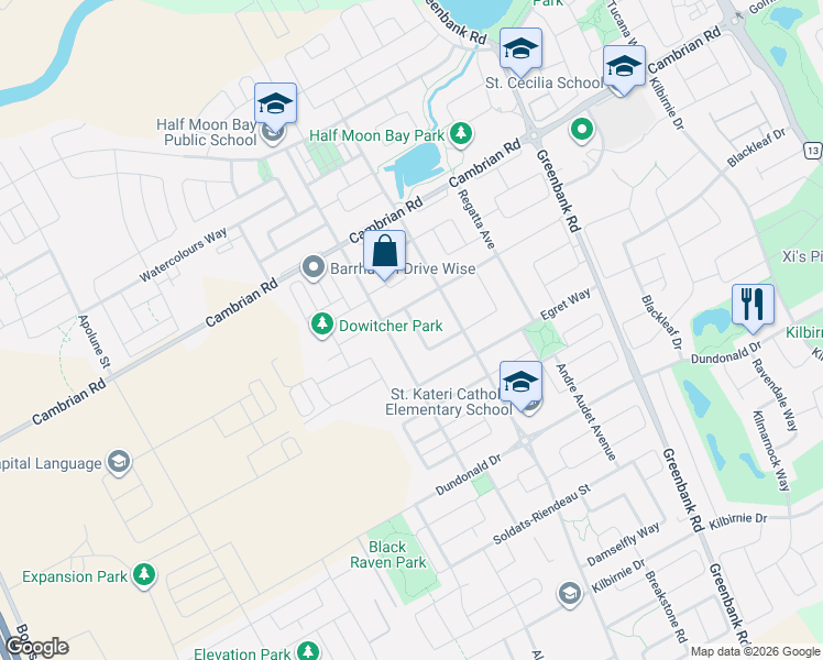 map of restaurants, bars, coffee shops, grocery stores, and more near 878 Excursion Way in Ottawa