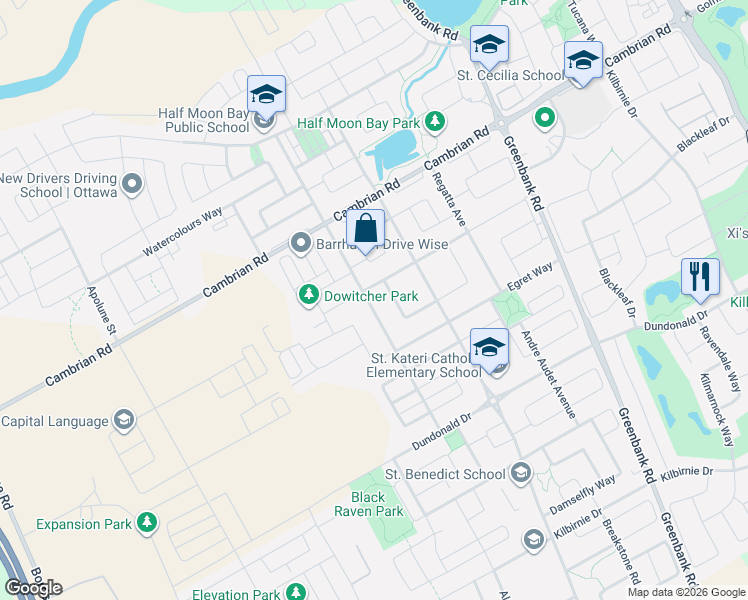 map of restaurants, bars, coffee shops, grocery stores, and more near 2834 Grand Canal Street in Ottawa