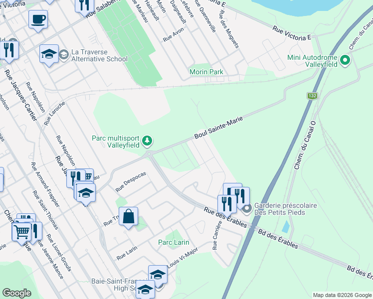 map of restaurants, bars, coffee shops, grocery stores, and more near 74 Rue des Ormes in Salaberry-de-Valleyfield