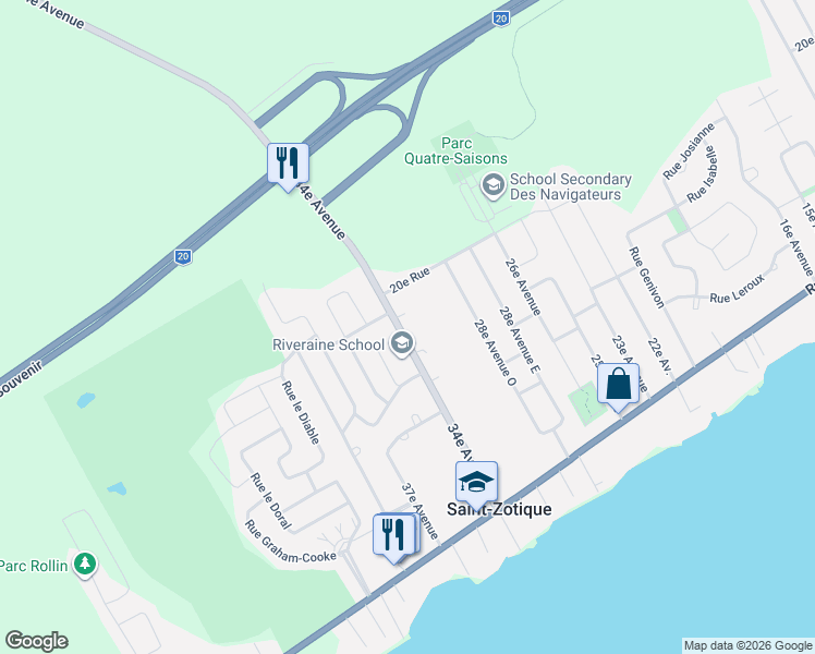 map of restaurants, bars, coffee shops, grocery stores, and more near 420 34e Avenue in Saint-Zotique